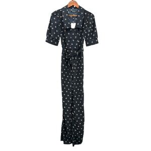 NEW Fashion Union Black Floral Short Sleeve Straight Leg Jumpsuit Women's 2 TALL